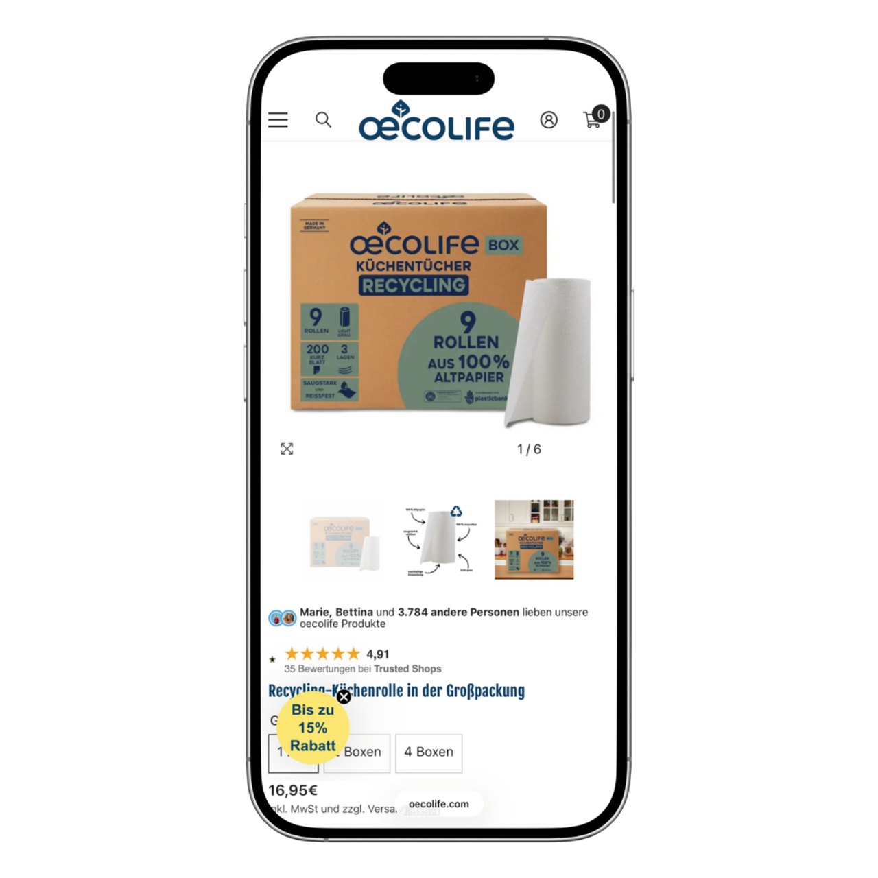 Smartphone zeigt Online-Shop mit Öcolife Küchenpapier-Boxen, 9 Rollen aus 100% Altpapier, mit "Bis zu 15% Rabatt".