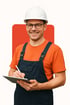 Lächelnder Bauarbeiter in weißem Helm und blauer Latzhose, der mit einem Stift auf einem Tablet schreibt.