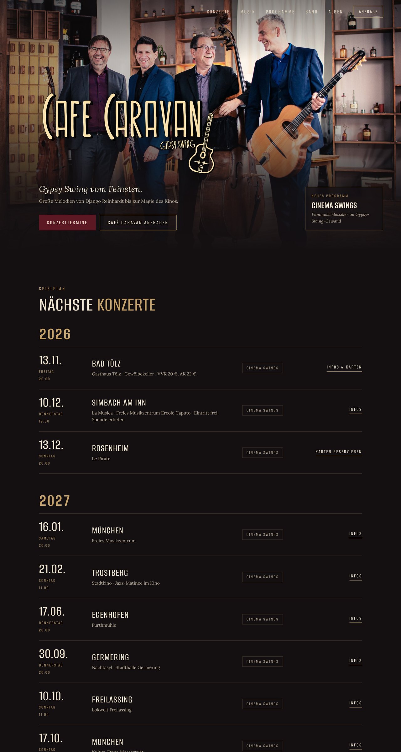 Café Caravan website, first three screens