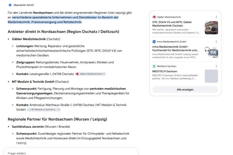 Google-Suche nach Medizintechnik Nordsachsen: die Übersicht mit KI nennt Gäbler Medizintechnik zuerst