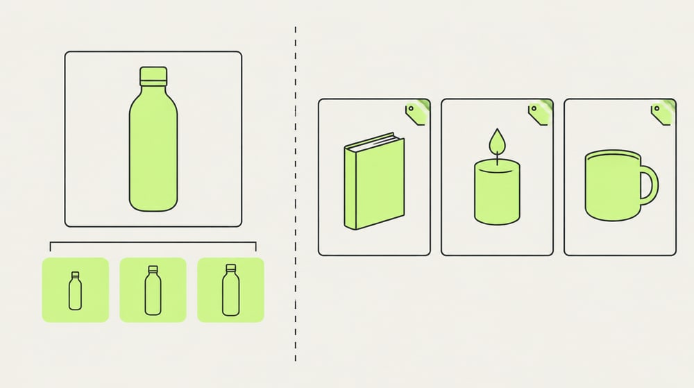 Illustration: links ein Produkt mit drei Größen als Varianten, rechts drei verschiedene Produkte mit eigener Karte