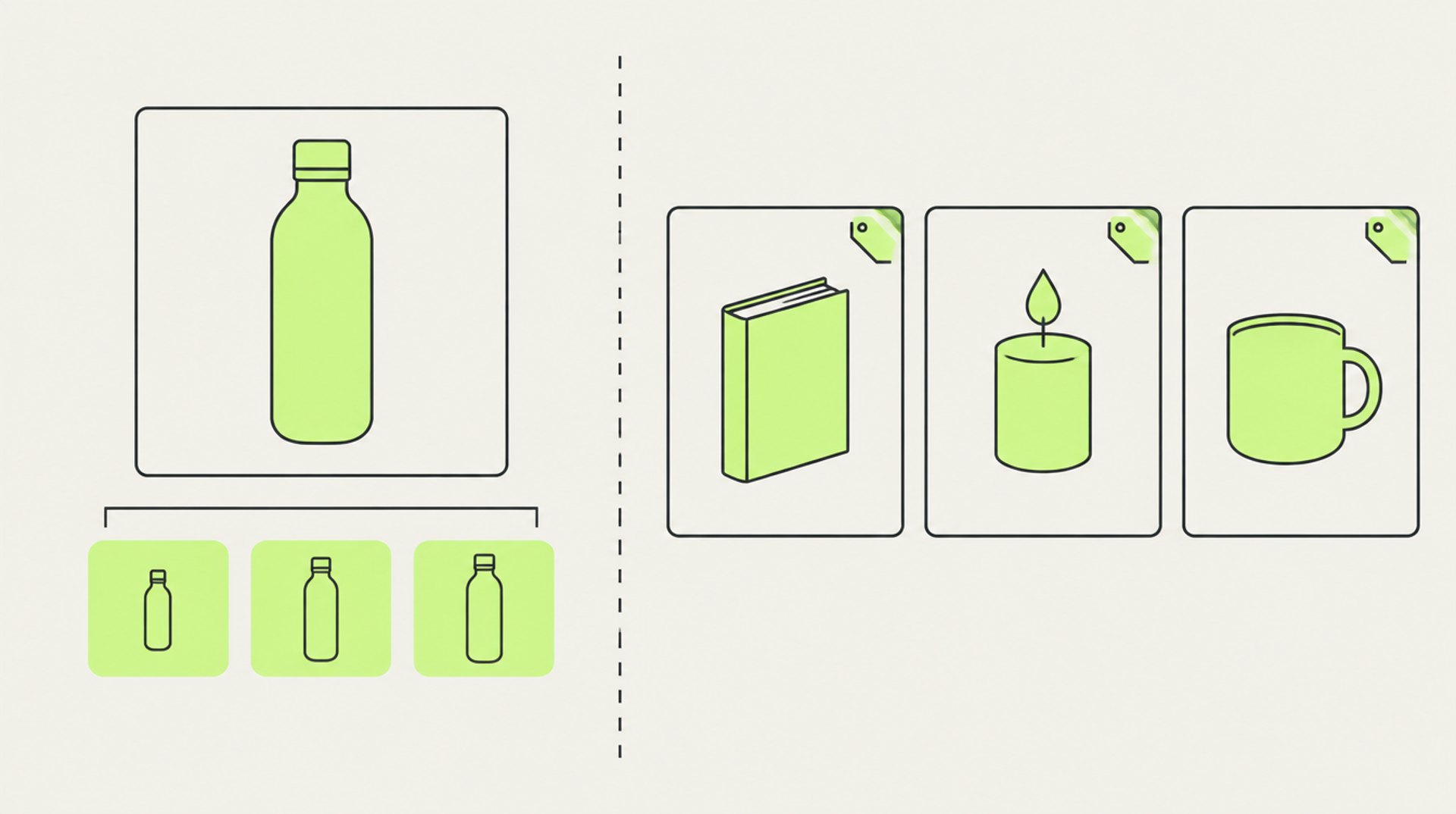 Illustration: links ein Produkt mit drei Größen als Varianten, rechts drei verschiedene Produkte mit eigener Karte