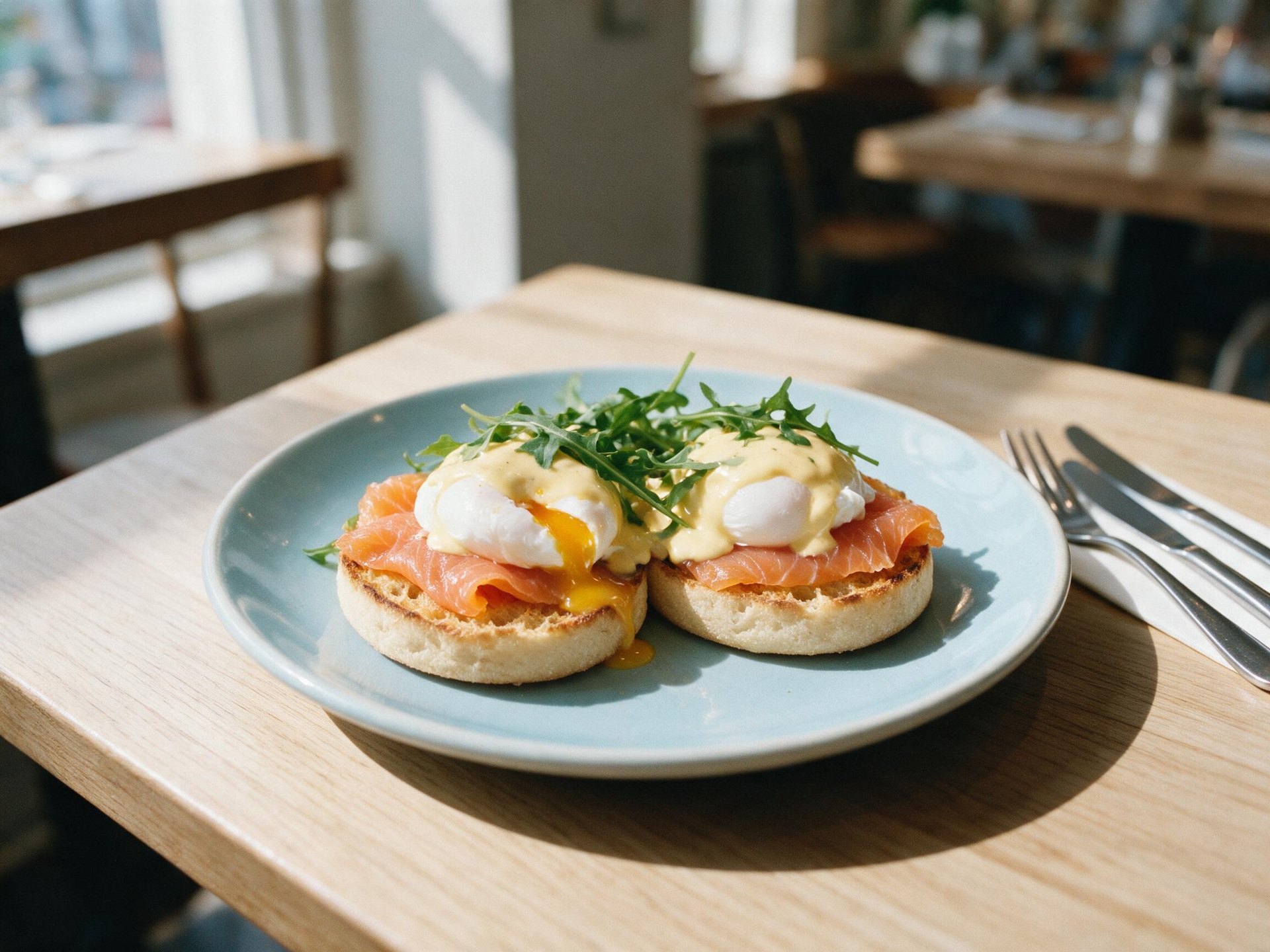Eggs Benny auf English Muffin mit Räucherlachs, Rucola und Hollandaise
