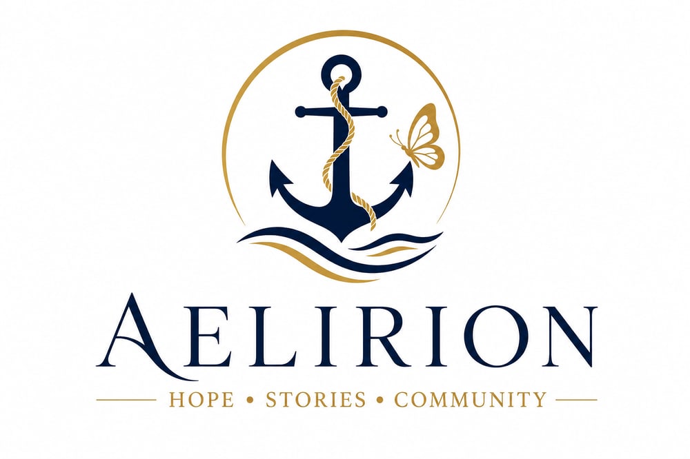 Aelirion logo featuring a blue anchor and gold butterfly above the text Hope, Stories, Community.