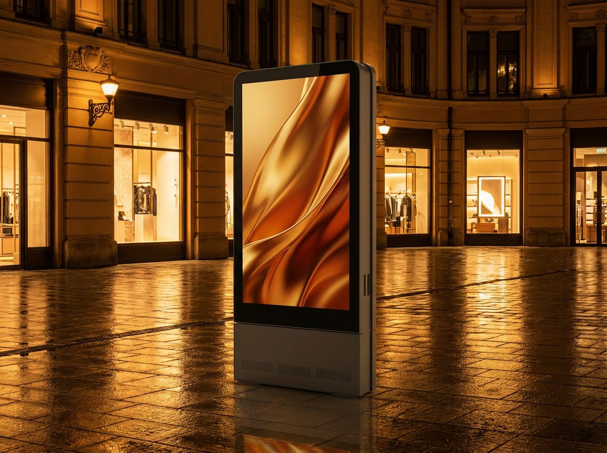 Outdoor-LED-Stele bei Nacht auf einem Platz, regennasses Pflaster spiegelt das Licht