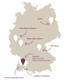 Karte Deutschlands mit Standorten in Berlin, Mayen-Koblenz, Rhein-Main-Gebiet, Nürnberg, Titisee-Neustadt, Schwarzwald-Baar-Kreis, Landkreis Tuttlingen.