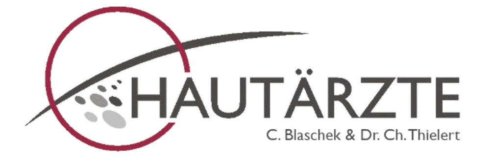 Hautärzte G. Bluschke & Dr. Ch. Thiele: Logo mit rotem Kreis, geschwungenem Strich und grauen Flecken.