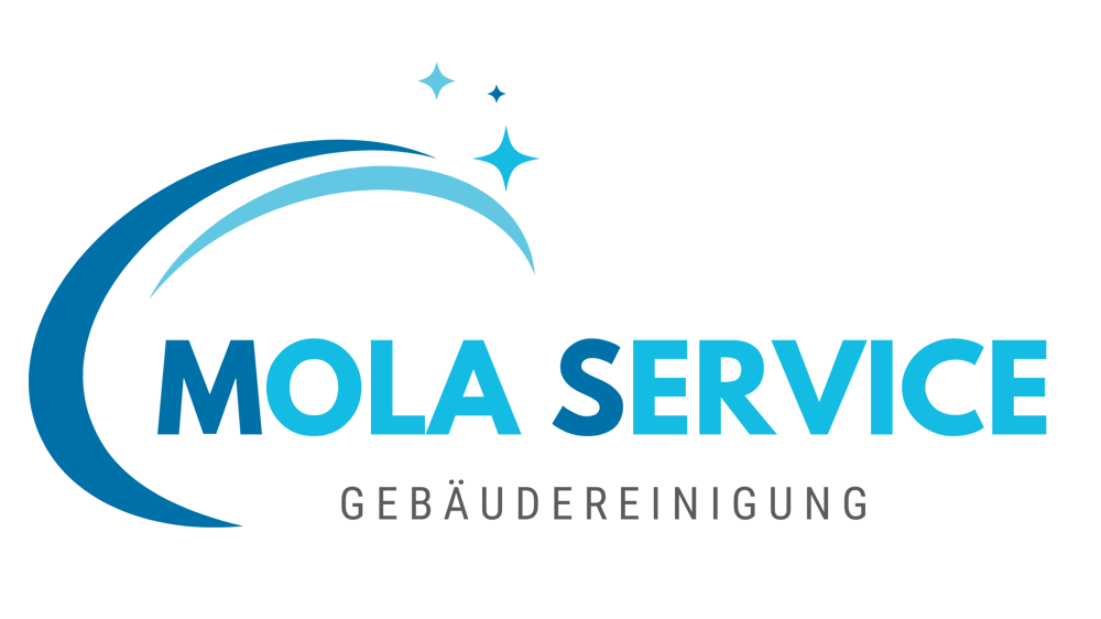 Mola Service Gebäudereinigung Logo in Blau und Hellblau mit funkelnden Sternen.