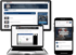 Laptop, Tablet und Smartphone zeigen Online-Lernplattform-Bildschirme mit Videos und Texten.