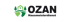 Ozan Logo mit grünem Haus, Tannen und einem Pfad auf schwarzem Hintergrund.
