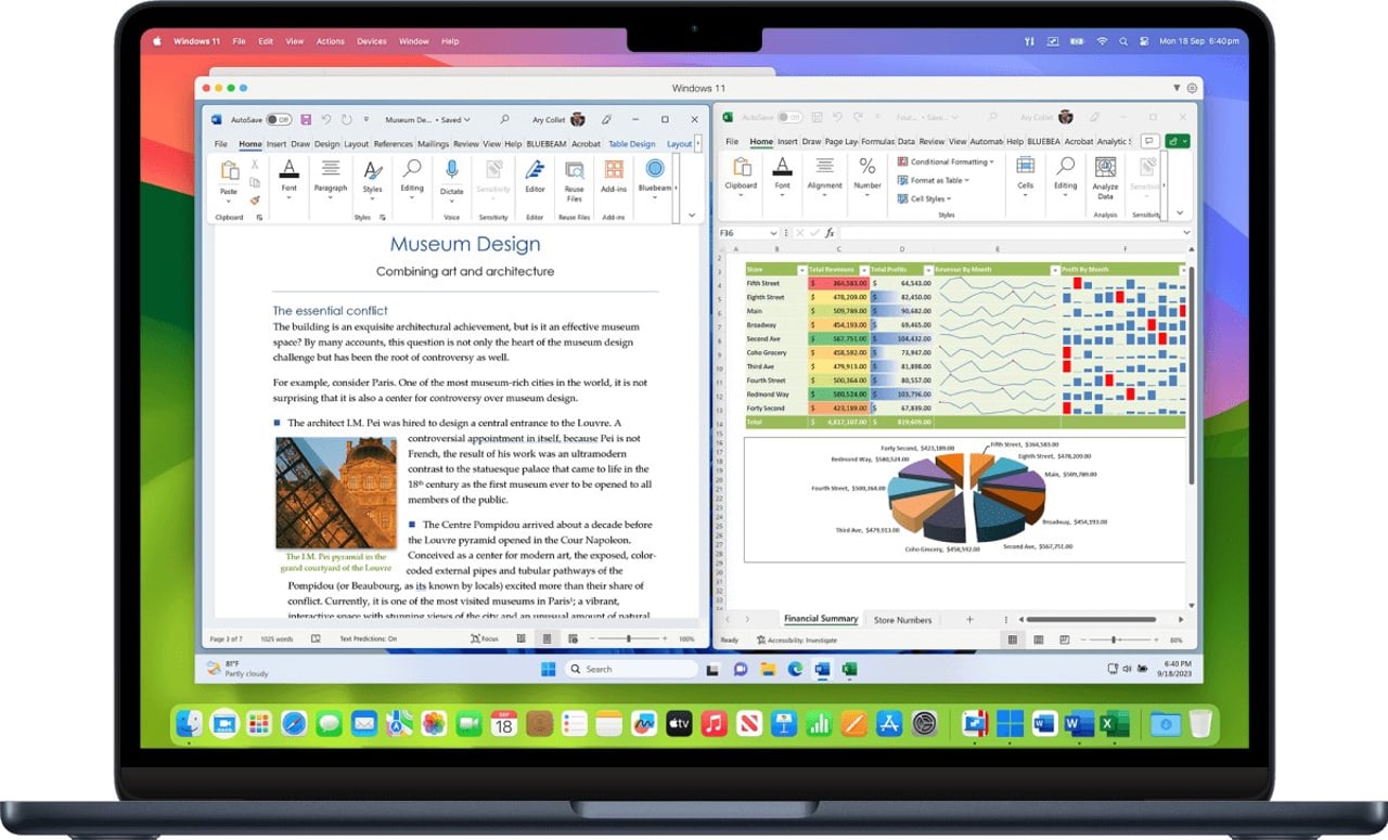 MacBook Air mit Parallels Desktop: Windows 11 läuft im Fenster auf macOS, darin Microsoft Word und Excel nebeneinander