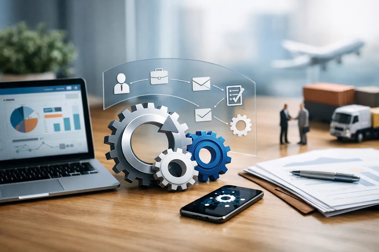 Zahnräder und digitale Icons für Workflow-Automatisierung auf einem Schreibtisch mit Laptop, Smartphone und Logistik-Symbolen.