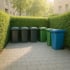 Drei schwarze, zwei grüne und eine blaue Mülltonne stehen auf einem gepflasterten Bereich, umgeben von einer Hecke.