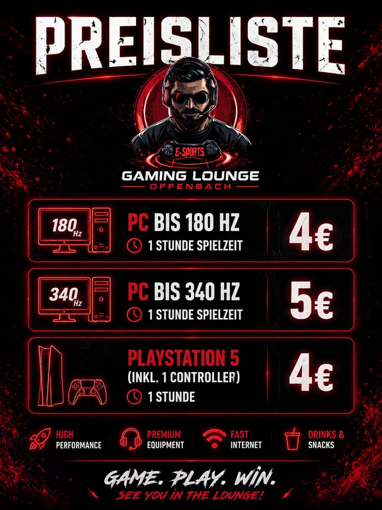 Preisliste der E-Sports Gaming Lounge Offenbach