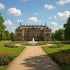 Barockes Schloss mit Springbrunnen und formalem Garten mit Rasenflächen, Wegen und Blumenbeeten unter blauem Himmel.