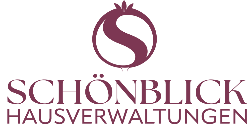 Logo Schönblick Hausverwaltungen: Granatapfel-Symbol mit S-Form und Text "SCHÖNBLICK HAUSVERWALTUNGEN".