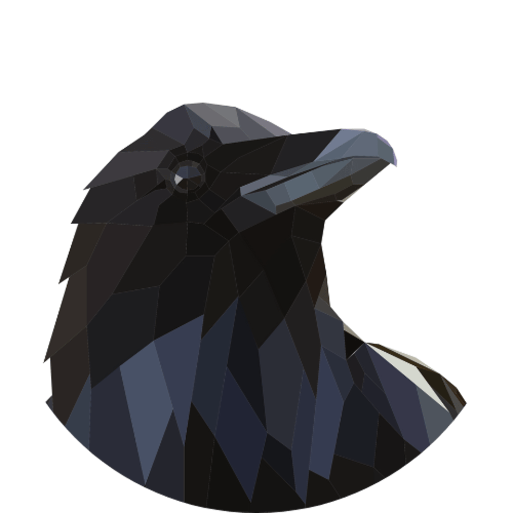 Kopf eines schwarzen Raben im Low-Poly-Stil, nach rechts blickend, vor einem weißen Kreis.