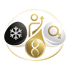 Kreisförmiges goldenes Symbol mit Schneeflocke, DNA-Strang, Sauerstoffmolekül und aufsteigender Person.