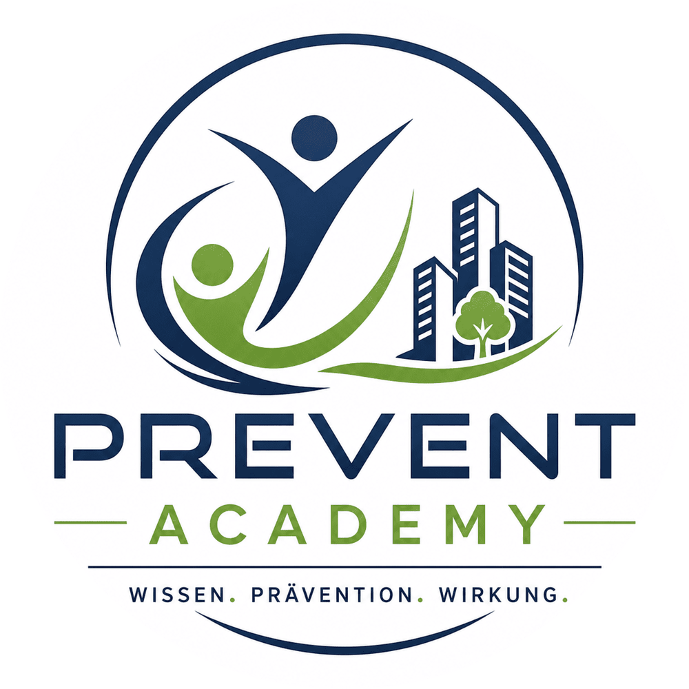 Logo der Prevent Academy mit zwei stilisierten Personen, Gebäuden, einem Baum und dem Slogan Wissen, Prävention, Wirkung.