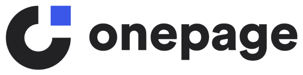 Onepage Logo mit einem grauen, kreisförmigen Symbol, einem blauen Quadrat und dem schwarzen Schriftzug onepage.