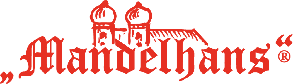 Das rote Logo zeigt den Text „Mandelhans“ in einer altdeutschen Schriftart mit zwei gekrönten Türmen darüber.