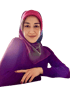 Eine lächelnde Frau in einem mehrfarbigen Hijab und einem violetten Oberteil, die ihren Arm auf eine Oberfläche legt.