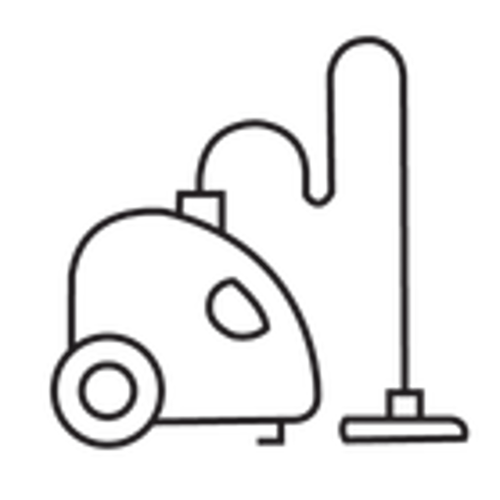 Schwarze Umrisszeichnung eines Staubsaugers mit Schlauch und Düse.
