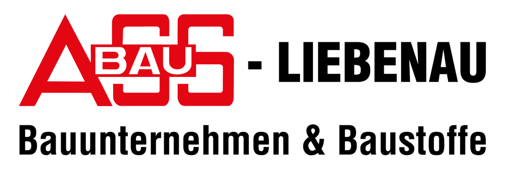 Logo: ASS BAU - LIEBENAU Bauunternehmen & Baustoffe in Rot und Schwarz auf dunklem Hintergrund.