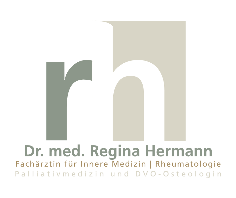 Logo: "rh" in Weiß und Grau auf Grün, darunter Text "Dr. med. Regina Hermann Fachärztin für Innere Medizin | Rheumatologie Palliativmedizin und DVO-Osteologin".