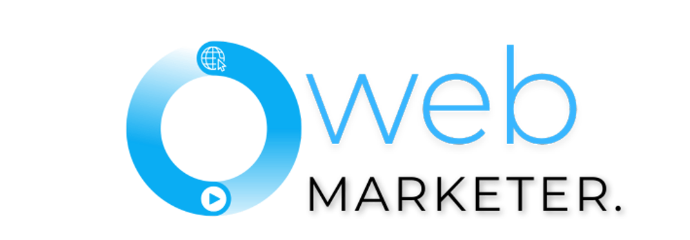 Blauer Kreis mit Symbolen, daneben der Text "web MARKETER." - webmarketer.at Logo