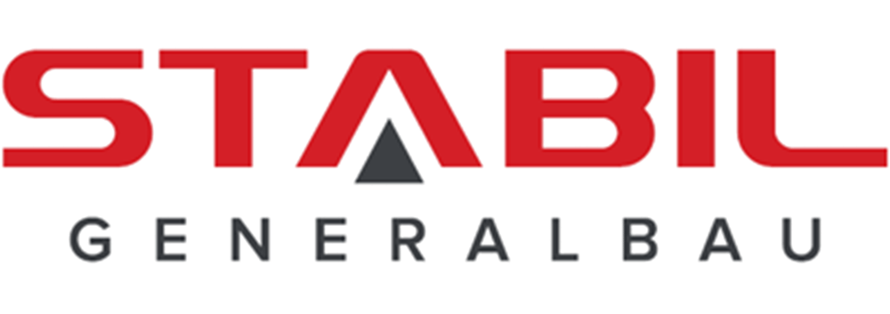 STABIL GENERALBAU Logo mit rotem Schriftzug und einem grauen Dreieck im A.