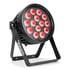 Black LED stage lighting par can with 12 red lights, mounted on a stand with "beamZ" logo.