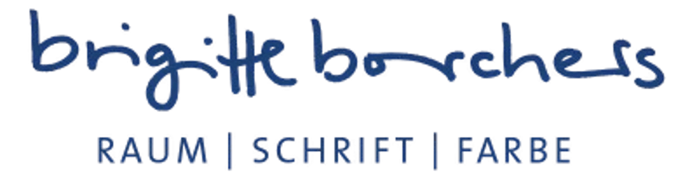 Brigitte Borchess, RAUM | SCHRIFT | FARBE in blauer Handschrift auf grünem Hintergrund.