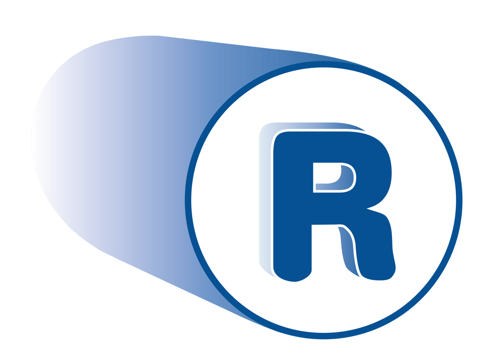 Blaues „R“ in einem weißen Kreis mit einem blauen Rand, der sich nach links erstreckt.