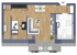 Grundriss einer 2-Zimmer-Wohnung mit Schlafzimmer, Wohnzimmer, Küche, Bad und Balkon.