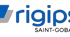 Rigips Saint-Gobain Logo in Blau und Grau auf grünem Hintergrund.