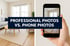 Professional Photos vs. Phone Photos. Left: professional photo of a living room. Right: phone taking a photo of a living room.
