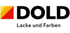 DOLD Logo: Ein orange-rotes Quadrat mit dem Schriftzug "DOLD" in Schwarz und "Lacke und Farben" darunter.