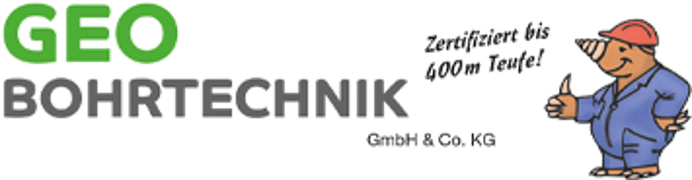 GEO BOHRTECHNIK Logo mit Maulwurf, der den Daumen hochhält. Text: "Zertifiziert bis 400m Teufe!"