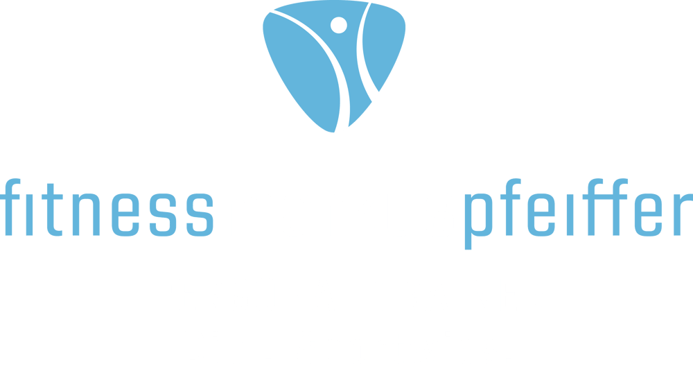 Logo von fitnessmarkuspfeiffer Personal Trainer Dipl.-Sportwiss. mit blauem Symbol einer abstrakten Figur auf schwarzem Grund.