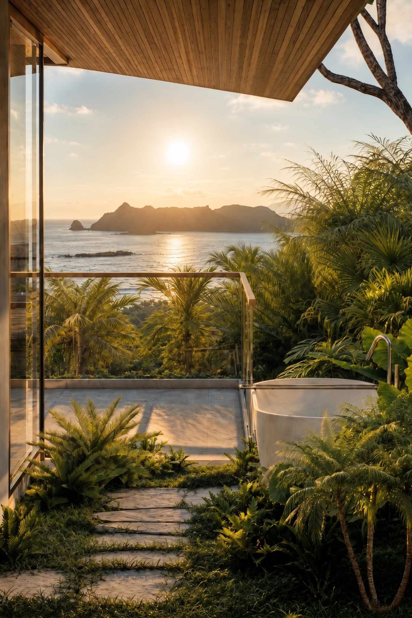 Outdoor bathtub in tropical garden