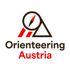 Schwarzes und rotes Logo von Orienteering Austria mit Kompassnadel und Dreieck.