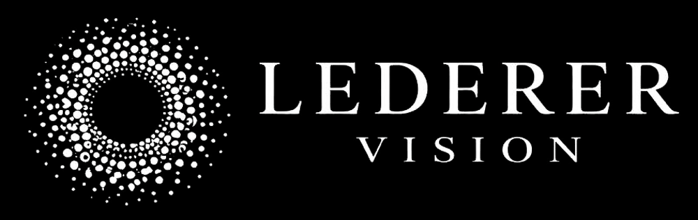 Lederer Vision logo with white text and a white swirling dot pattern on a black background.
