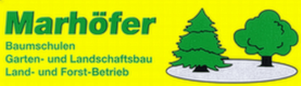 Marhöfer Baumschulen, Garten- und Landschaftsbau, Land- und Forst-Betrieb Logo mit zwei grünen Bäumen.
