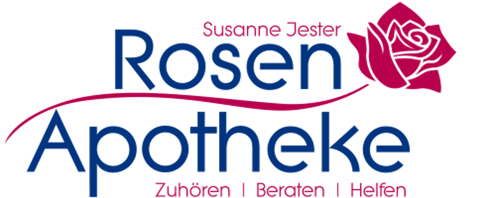 Logo der Rosen Apotheke von Susanne Jester mit einer roten Rose und dem Slogan Zuhören, Beraten, Helfen auf schwarzem Grund.