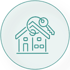 Türkisblaues Icon eines Hauses mit einem Schlüsselbund auf schwarzem kreisförmigem Hintergrund.