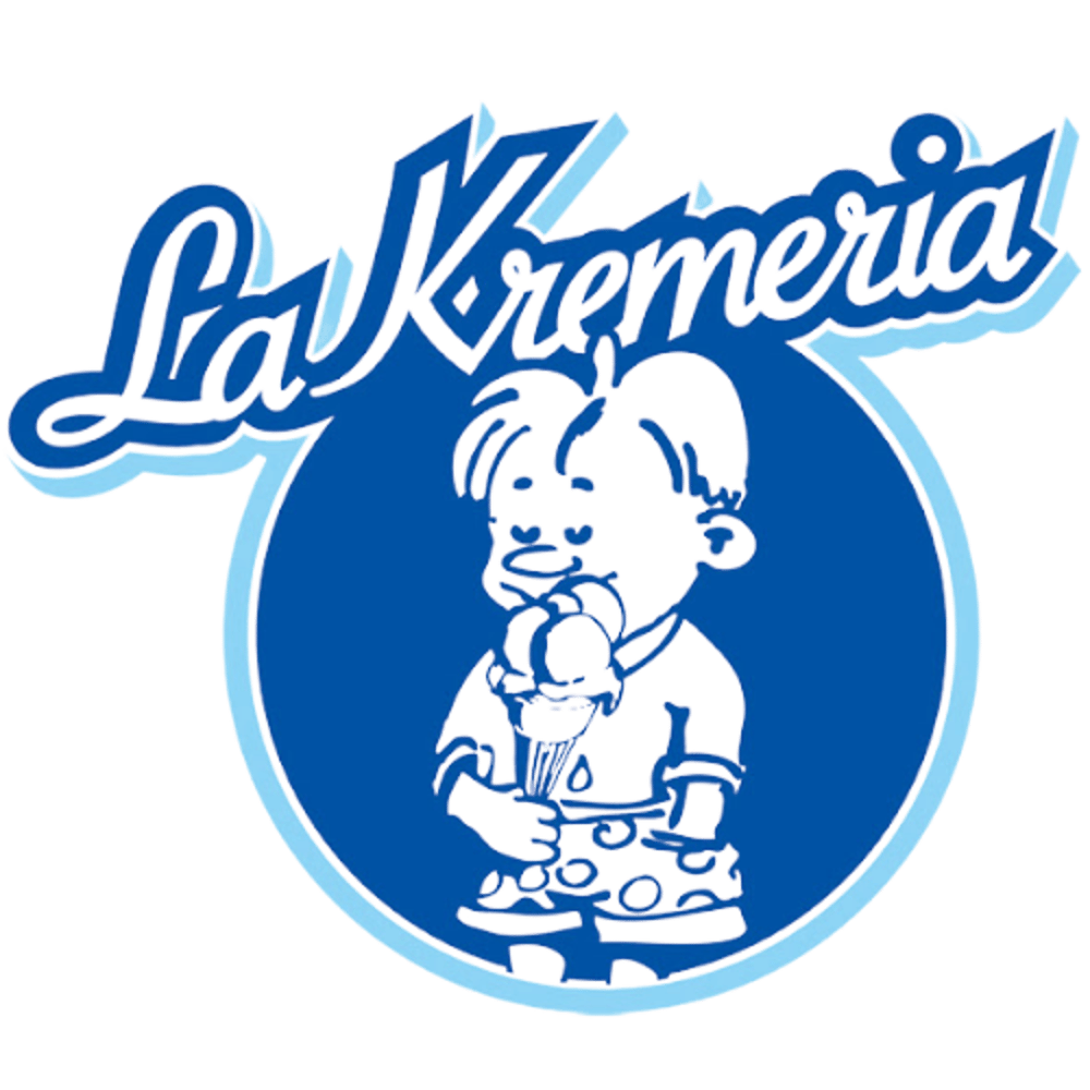 Blaues Logo von La Kremeria mit einer Comicfigur, die eine Eistüte in der Hand hält.