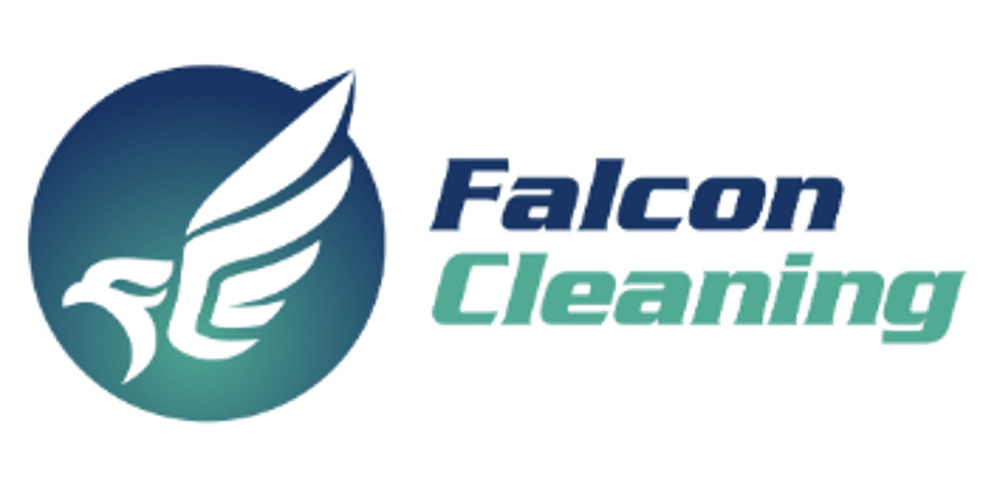 Logo von Falcon Cleaning mit einem weißen Falken in einem blaugrünen Kreis.