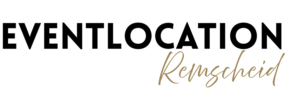 Schwarzer Text "EVENTLOCATION" über beigem, kursivem Text "Remscheid" auf dunkelgrünem Hintergrund.