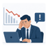 Ein Mann in einem Anzug mit der Hand am Kopf vor einem Laptop, daneben ein fallender Diagramm und eine Sprechblase mit Ausrufezeichen - Krisenstab-Software Notfall- und Krisenmanager (NKM®).